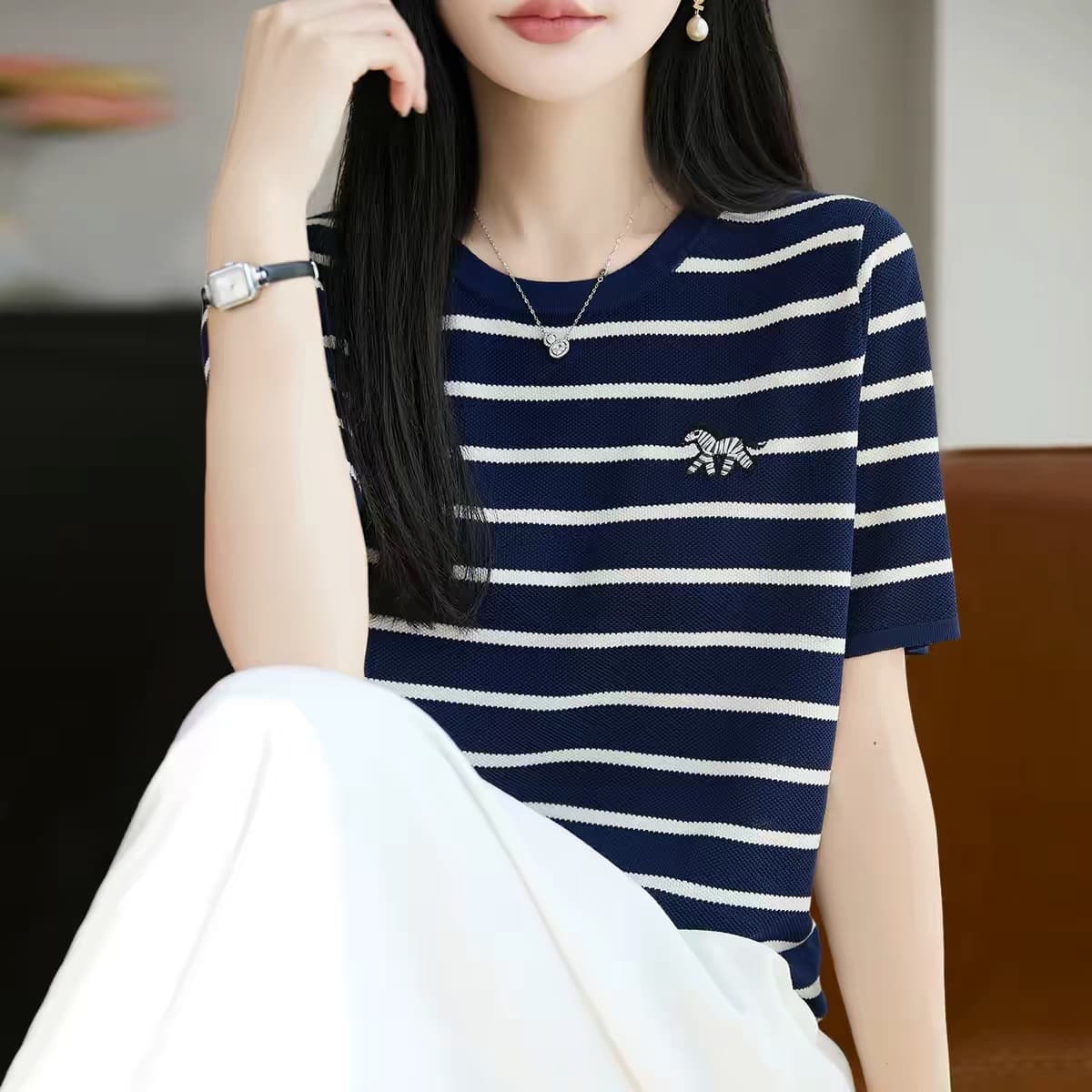 양모 혼방 바람 라운드 넥 스트라이프 반팔 티셔츠 여성 얇은 스타일 니트 스웨터 외국 가스 맨위 이미지 4