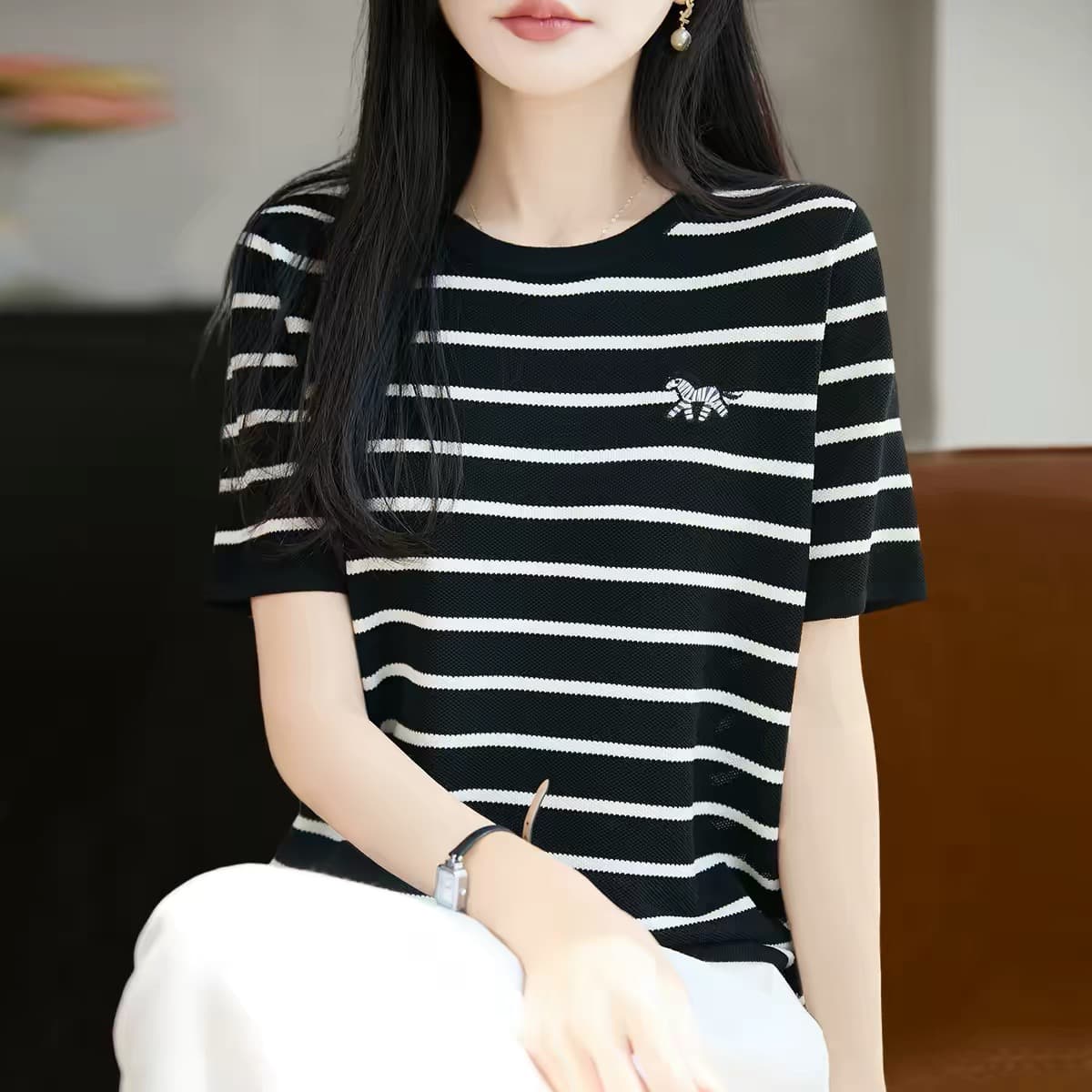 양모 혼방 바람 라운드 넥 스트라이프 반팔 티셔츠 여성 얇은 스타일 니트 스웨터 외국 가스 맨위 상세 이미지 2