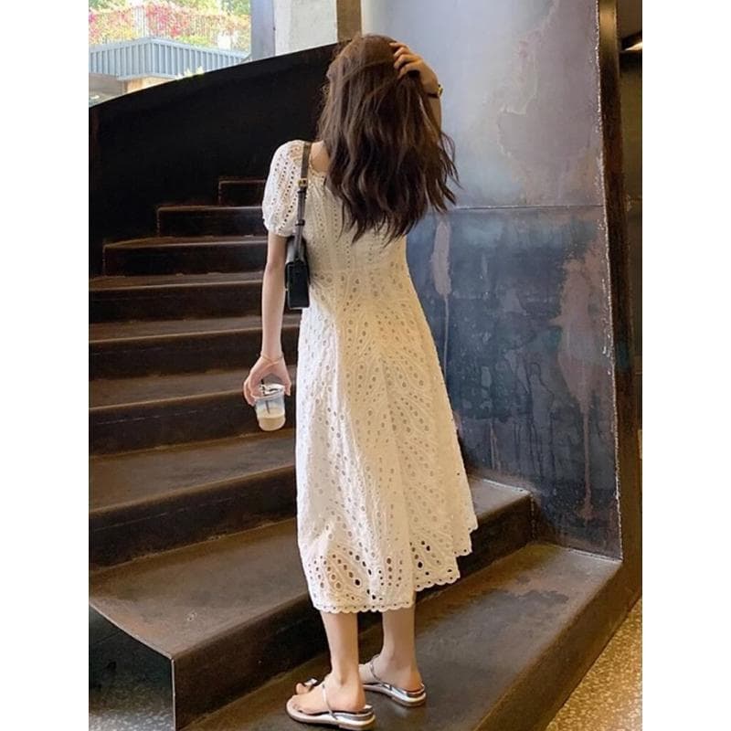 화이트 여성 드레스 여름 작은 키 프랑스식 고급 센스 품격 허리 수축 작은 대중 광장 칼라 홀로우 아웃 레이스 드레스 상세 이미지 1