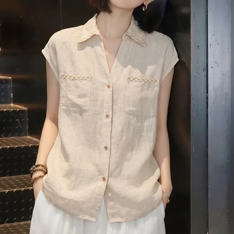 2026 여름 새로운 살구 색상 캐주얼 자수 폴로 칼라 반팔 라미 여성 셔츠 빛 럭셔리 바람 다용도 느긋한 맨위 이미지 4