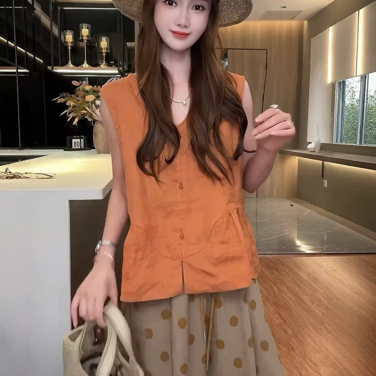 자이언트 잘 생긴 ~ 중 여름 착용 가져 가라. 전체 집합 작은 키 한 부서 패션 민소매 작은 셔츠 도트 무늬 9부 바지 투피스 세트 이미지 5