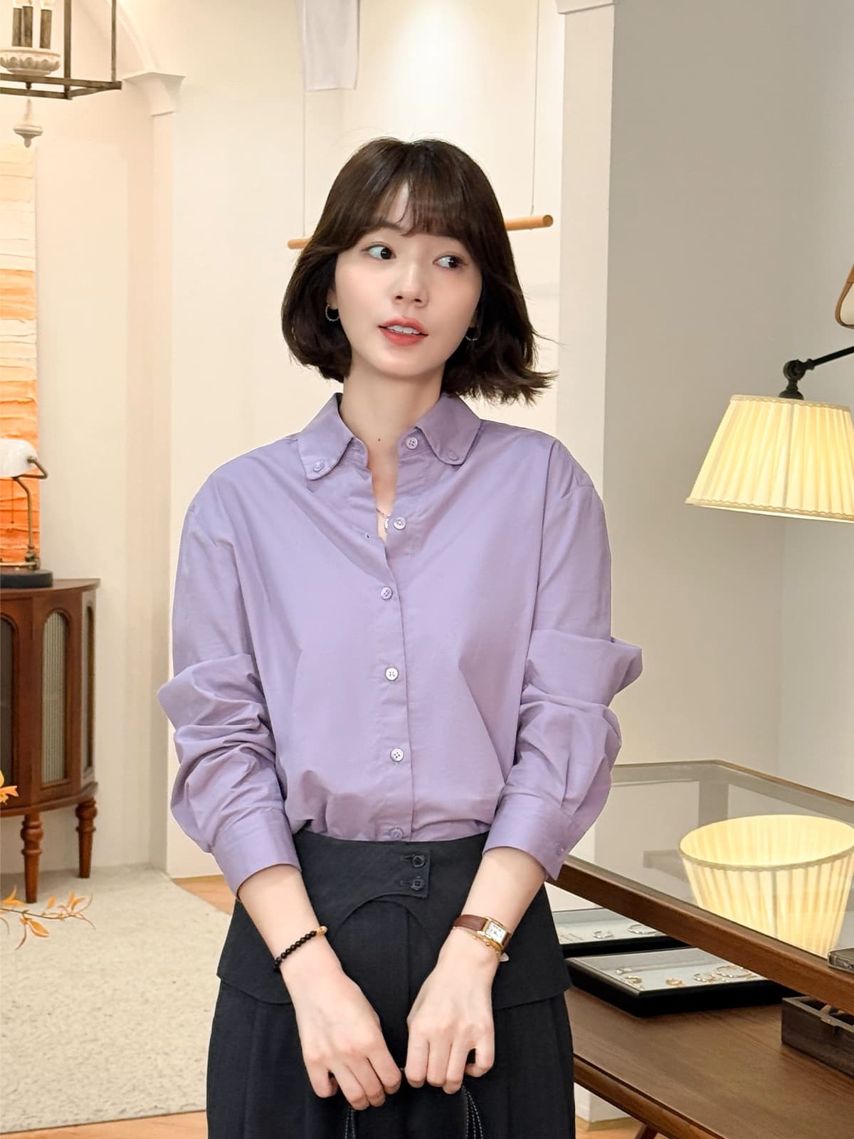 포도 뮤 S 법 홈 한 부서 단색 여성 셔츠 2025 새로운 캐주얼 패션 맨위 이미지 3