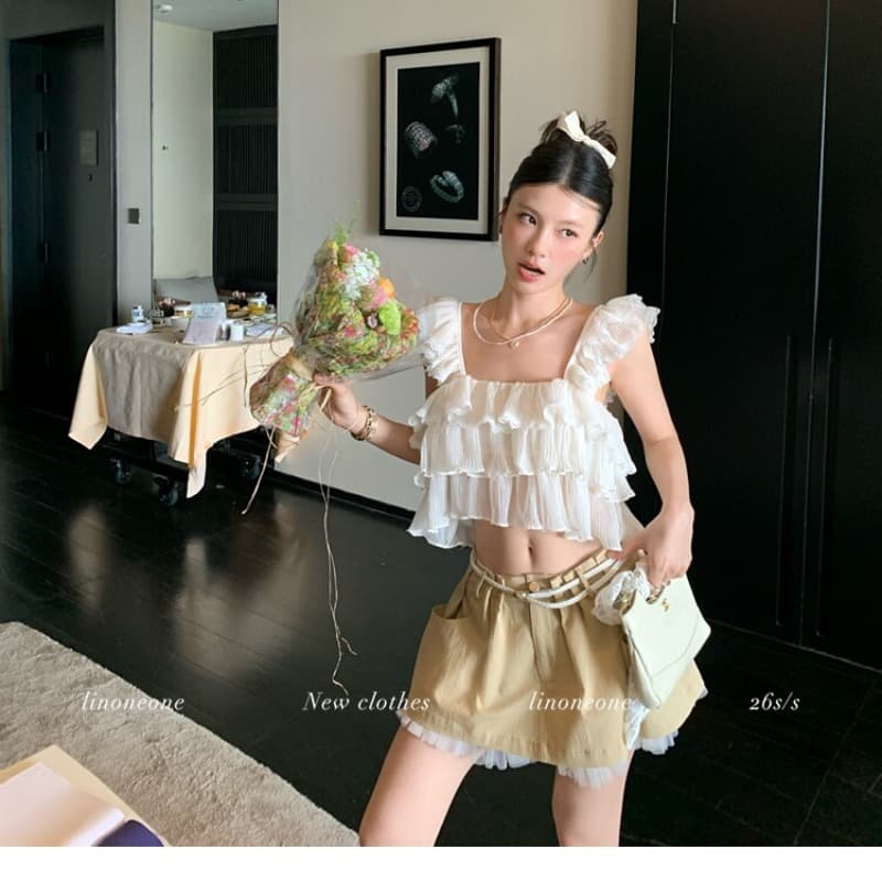 우유 케이크 甜酒 장난기 넘치는 첸 진 팡 칼라 플리츠 다중 레이어 프릴 쇼트 스타일 민소매 작은 셔츠 조끼 이미지 5