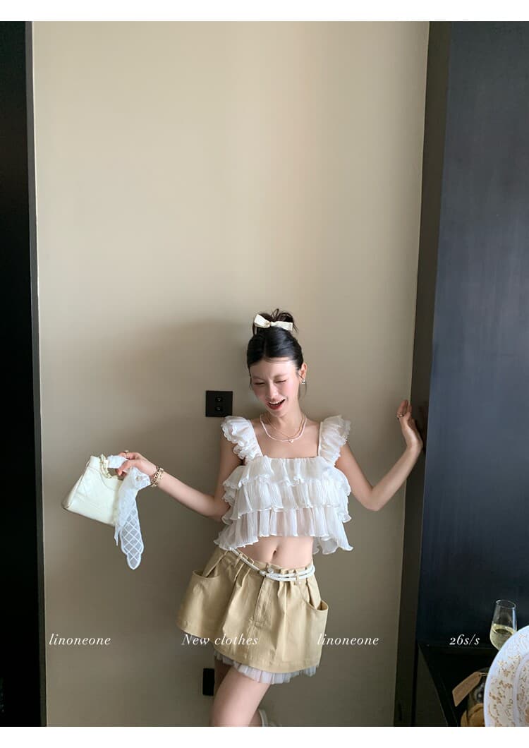 우유 케이크 甜酒 장난기 넘치는 첸 진 팡 칼라 플리츠 다중 레이어 프릴 쇼트 스타일 민소매 작은 셔츠 조끼 상세 이미지 1