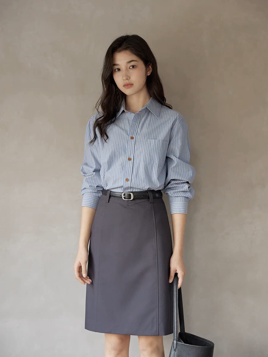 ginnkee 프랑스식 긍정적 인 어깨 파란색 스트라이프 긴팔 여성 셔츠 가을 프랑스식 폴로 칼라 순면 셔츠 Chic 맨위 상세 이미지 3