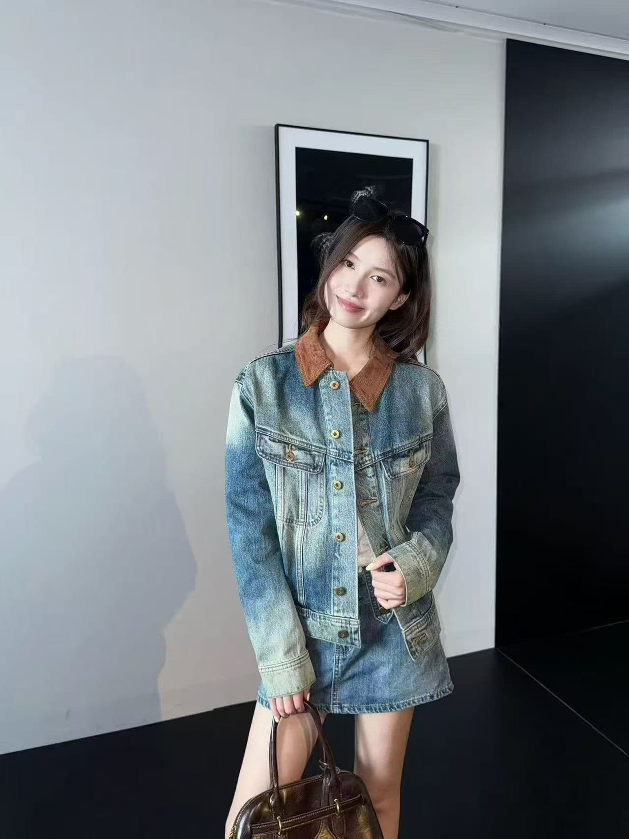 aassss 작은 대중 디자인 센스 레트로 카우보이 바깥 세트 여성 패치워크 코듀로이 칼라 워싱 블루 세트 이미지 4