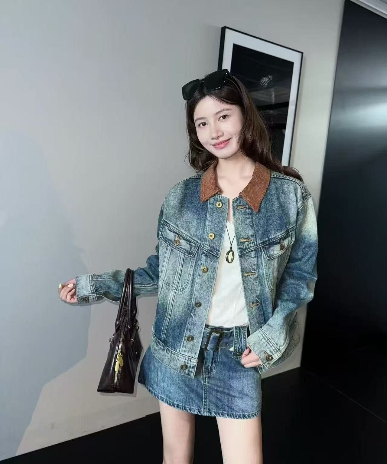 aassss 작은 대중 디자인 센스 레트로 카우보이 바깥 세트 여성 패치워크 코듀로이 칼라 워싱 블루 세트 상세 이미지 1