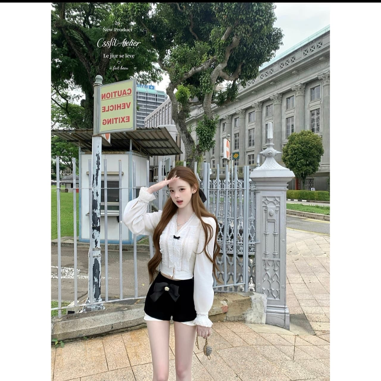 늦게 우산 우산 26 ss 향기로운 노래 Afterrhyme doll 부서 화이트 프릴 나비 매듭 셔츠 검정색 꽃밭 반바지 이미지 2