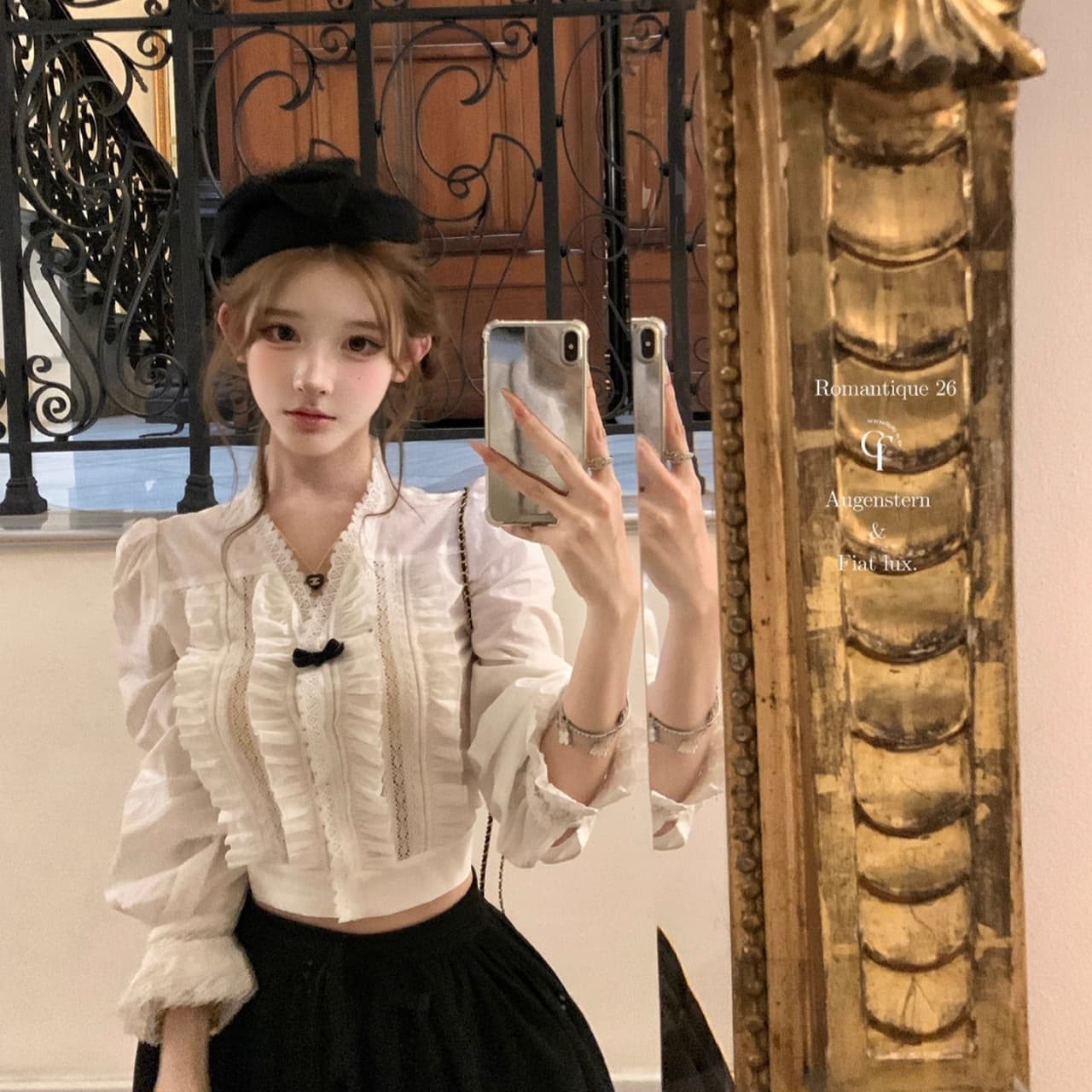 늦게 우산 우산 26 ss 향기로운 노래 Afterrhyme doll 부서 화이트 프릴 나비 매듭 셔츠 검정색 꽃밭 반바지 상세 이미지 1