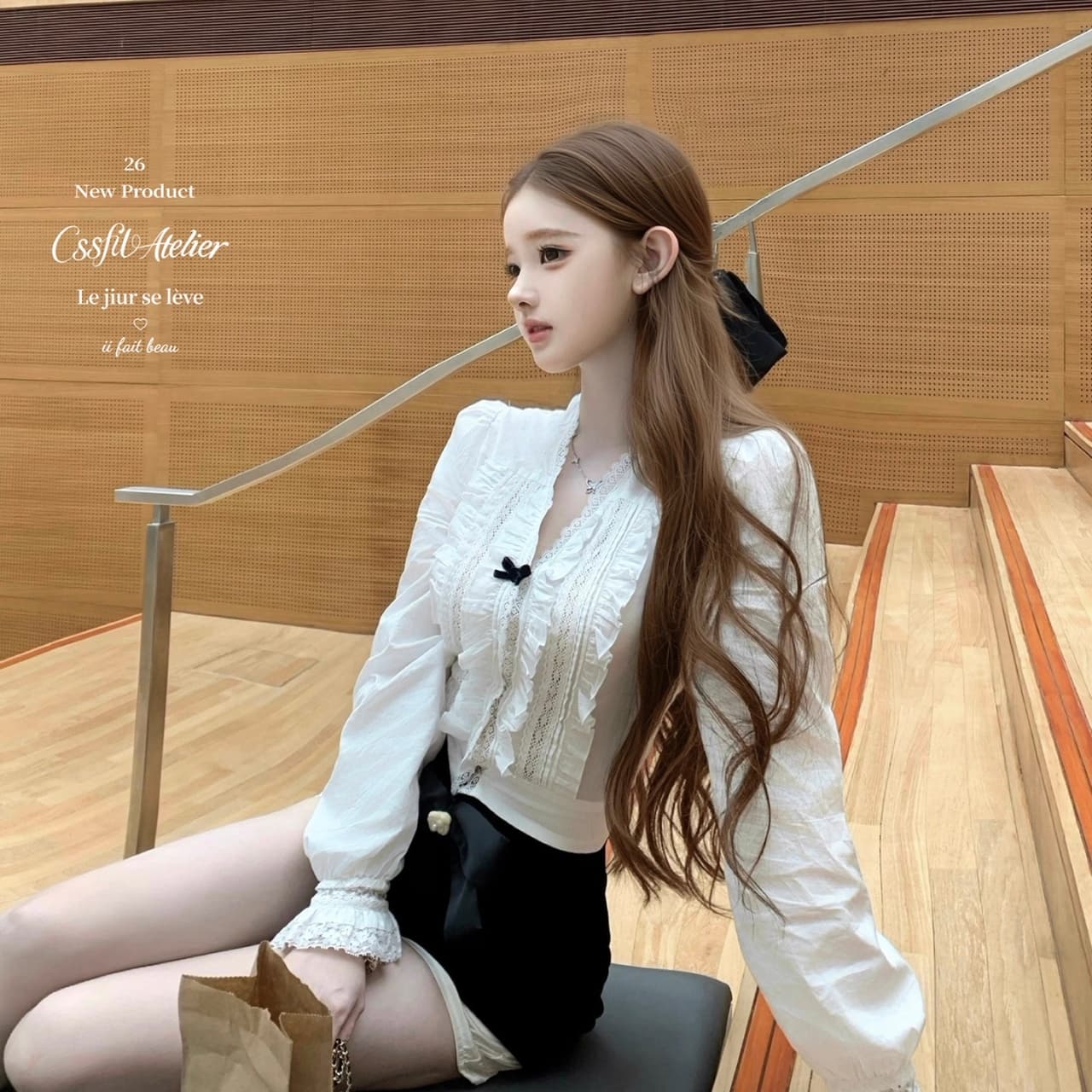 늦게 우산 우산 26 ss 향기로운 노래 Afterrhyme doll 부서 화이트 프릴 나비 매듭 셔츠 검정색 꽃밭 반바지 상세 이미지 2