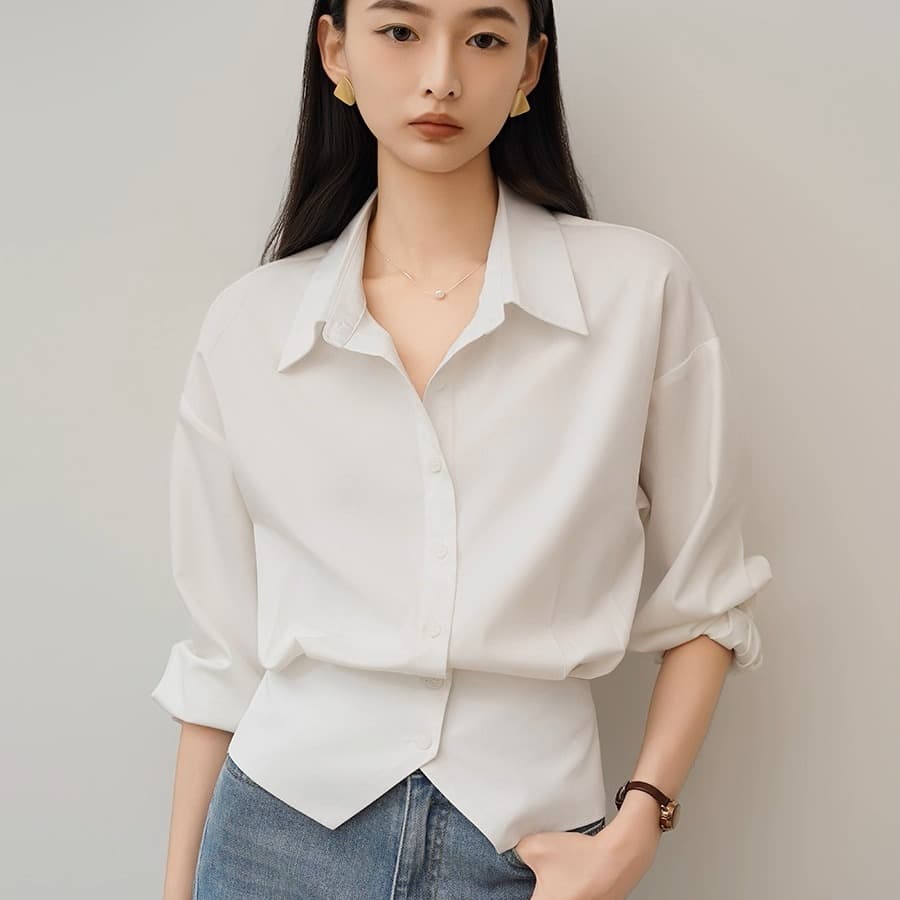 achu 훌륭함 자르기 화이트 허리 수축 여성 셔츠 여름 경력 출퇴근 착용 가져 가라. 셔츠 트임 디자인 센스 맨위 이미지 5