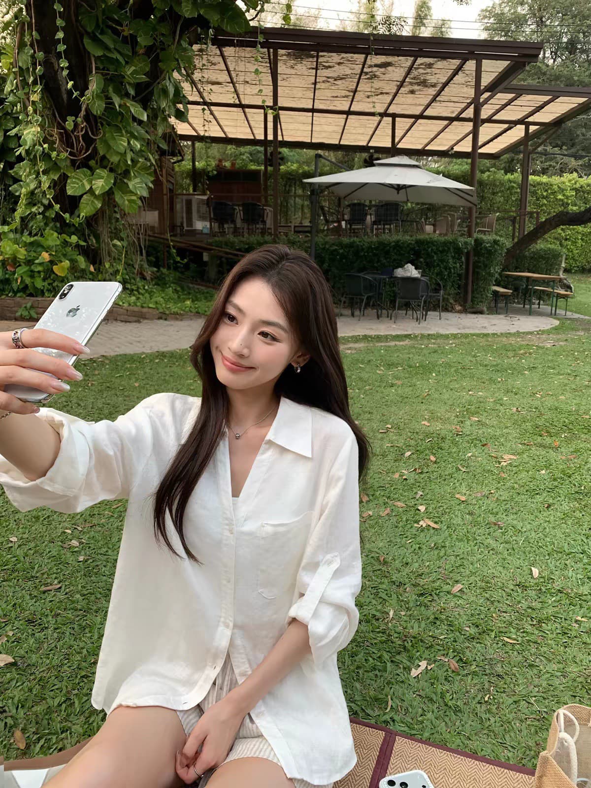 와 성별 느슨함 오래된 돈 바람 1oo 아마 V 넥 셔츠 여성 레저 루즈핏 출퇴근 긴팔 셔츠 이미지 4