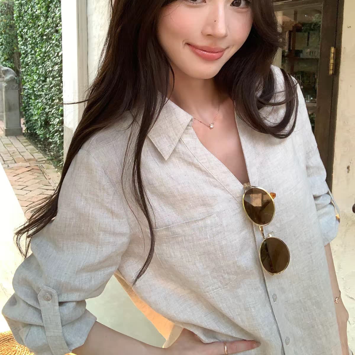 와 성별 느슨함 오래된 돈 바람 1oo 아마 V 넥 셔츠 여성 레저 루즈핏 출퇴근 긴팔 셔츠 이미지 5
