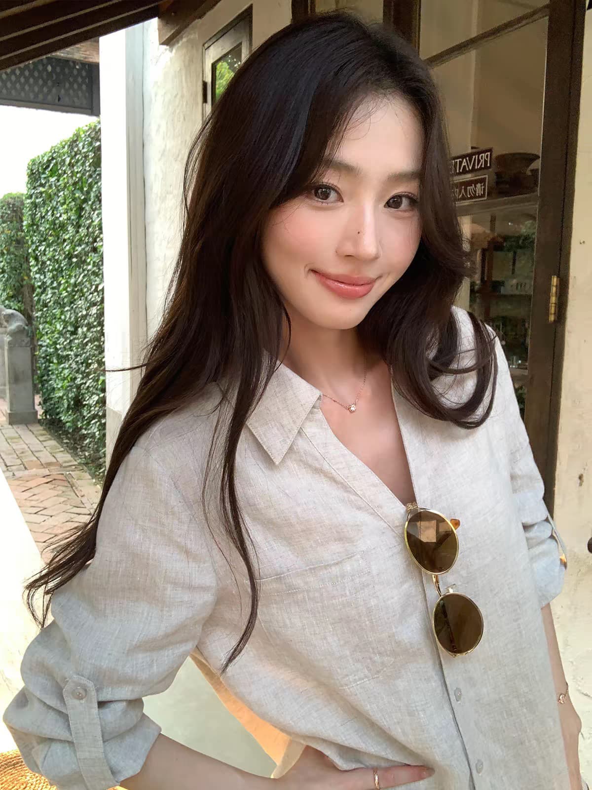 와 성별 느슨함 오래된 돈 바람 1oo 아마 V 넥 셔츠 여성 레저 루즈핏 출퇴근 긴팔 셔츠 상세 이미지 1