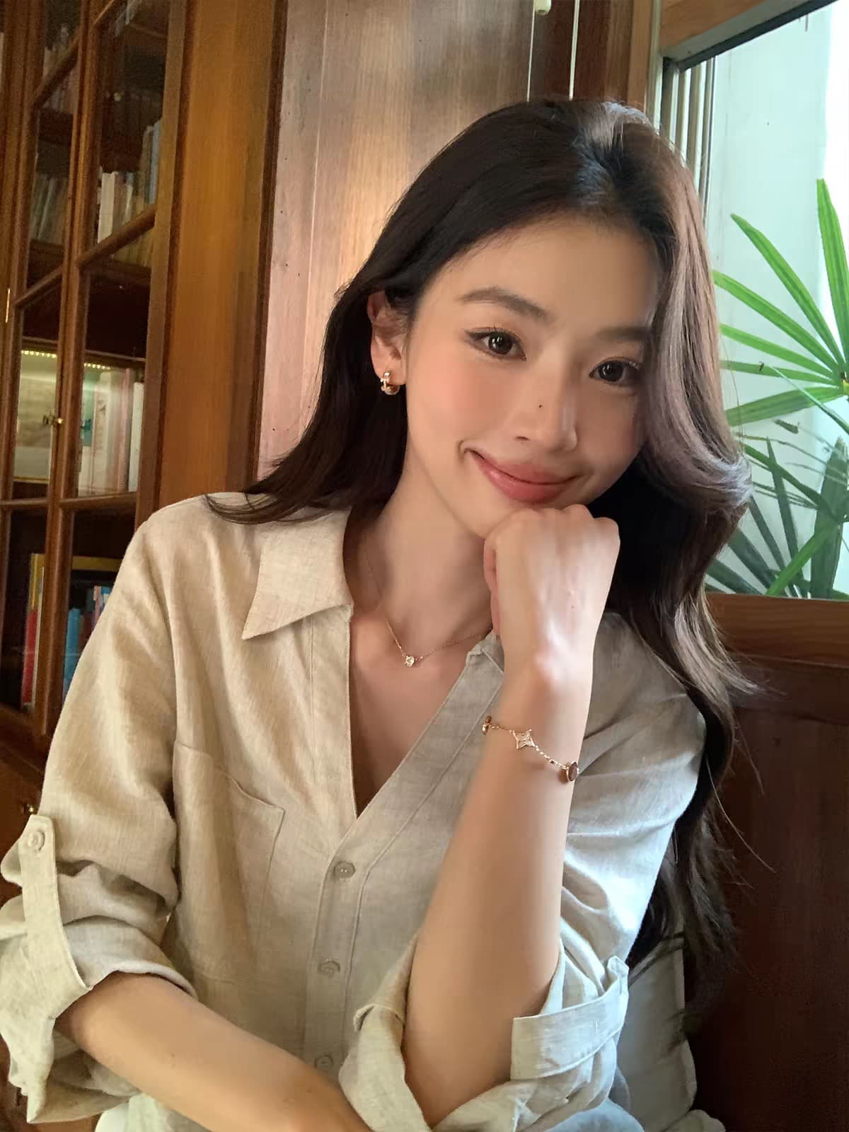 와 성별 느슨함 오래된 돈 바람 1oo 아마 V 넥 셔츠 여성 레저 루즈핏 출퇴근 긴팔 셔츠 상세 이미지 2