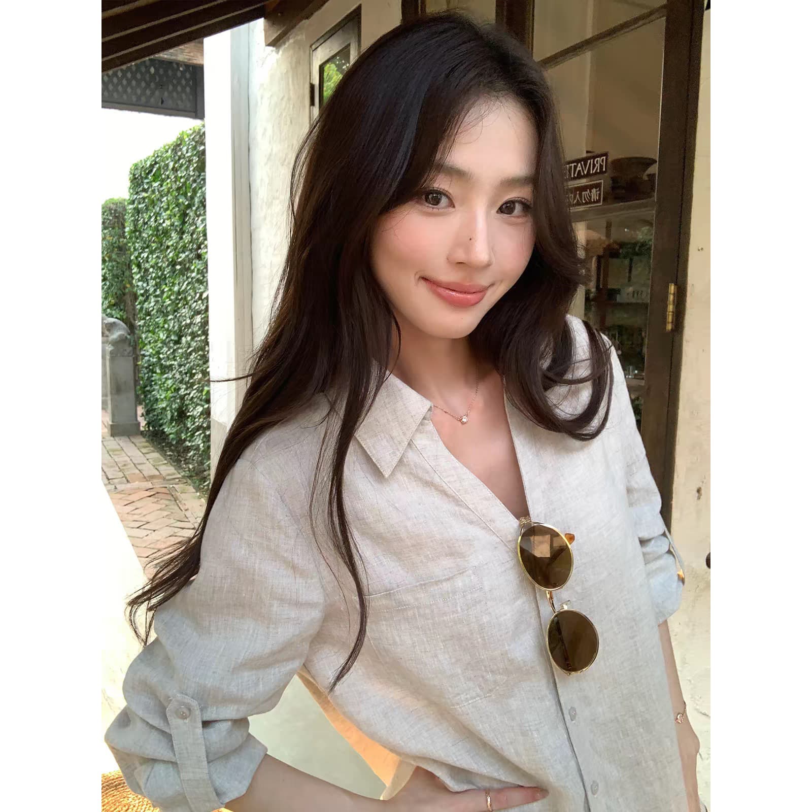와 성별 느슨함 오래된 돈 바람 1oo 아마 V 넥 셔츠 여성 레저 루즈핏 출퇴근 긴팔 셔츠 상세 이미지 3