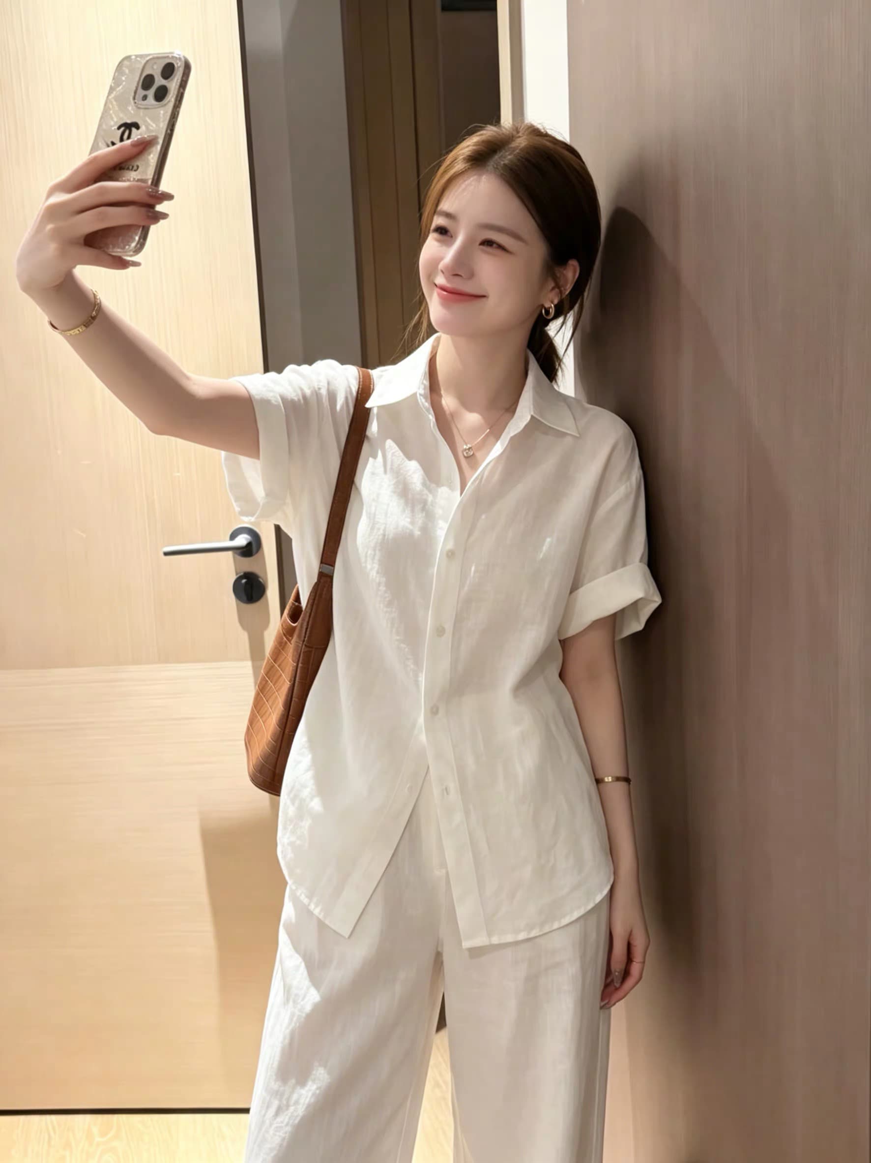 오래된 돈 바람 화이트 polo 폴로 칼라 마 면 반팔 여성 셔츠 여름 고급 센스 루즈핏 느긋한 오픈 가디건 셔츠 트렌디 이미지 4