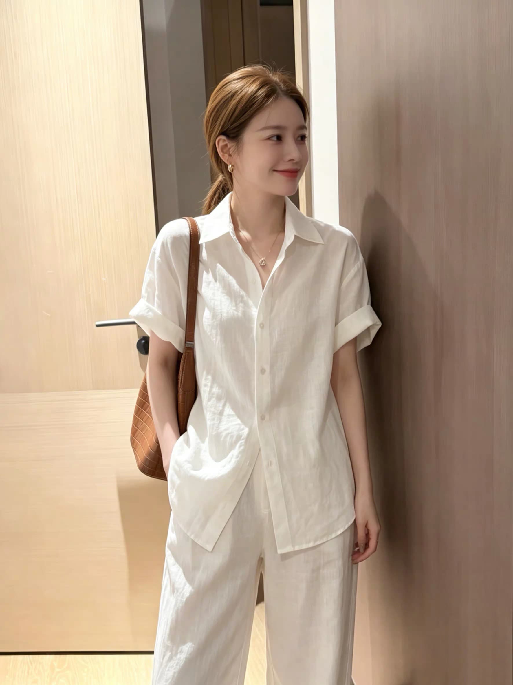 오래된 돈 바람 화이트 polo 폴로 칼라 마 면 반팔 여성 셔츠 여름 고급 센스 루즈핏 느긋한 오픈 가디건 셔츠 트렌디 상세 이미지 3