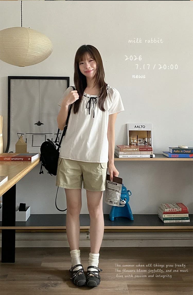 우유 토끼 행성 직접 만든 배색 스트랩 레이스 칼라 화이트 작은 셔츠 여성 여름 어둠 세로 줄무늬 자카드 순면 맨위 상세 이미지 2