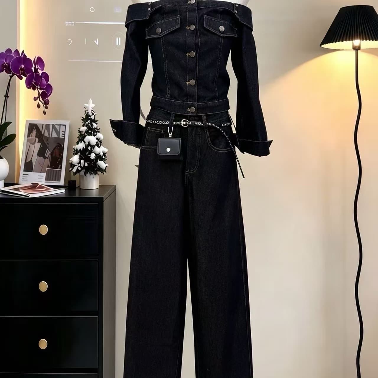 밤나무 코코아 bankelili 사랑 denim 디자인 센스 데님 오프숄더 맨위 긴 바지 세트 그룹 여성 이미지 5
