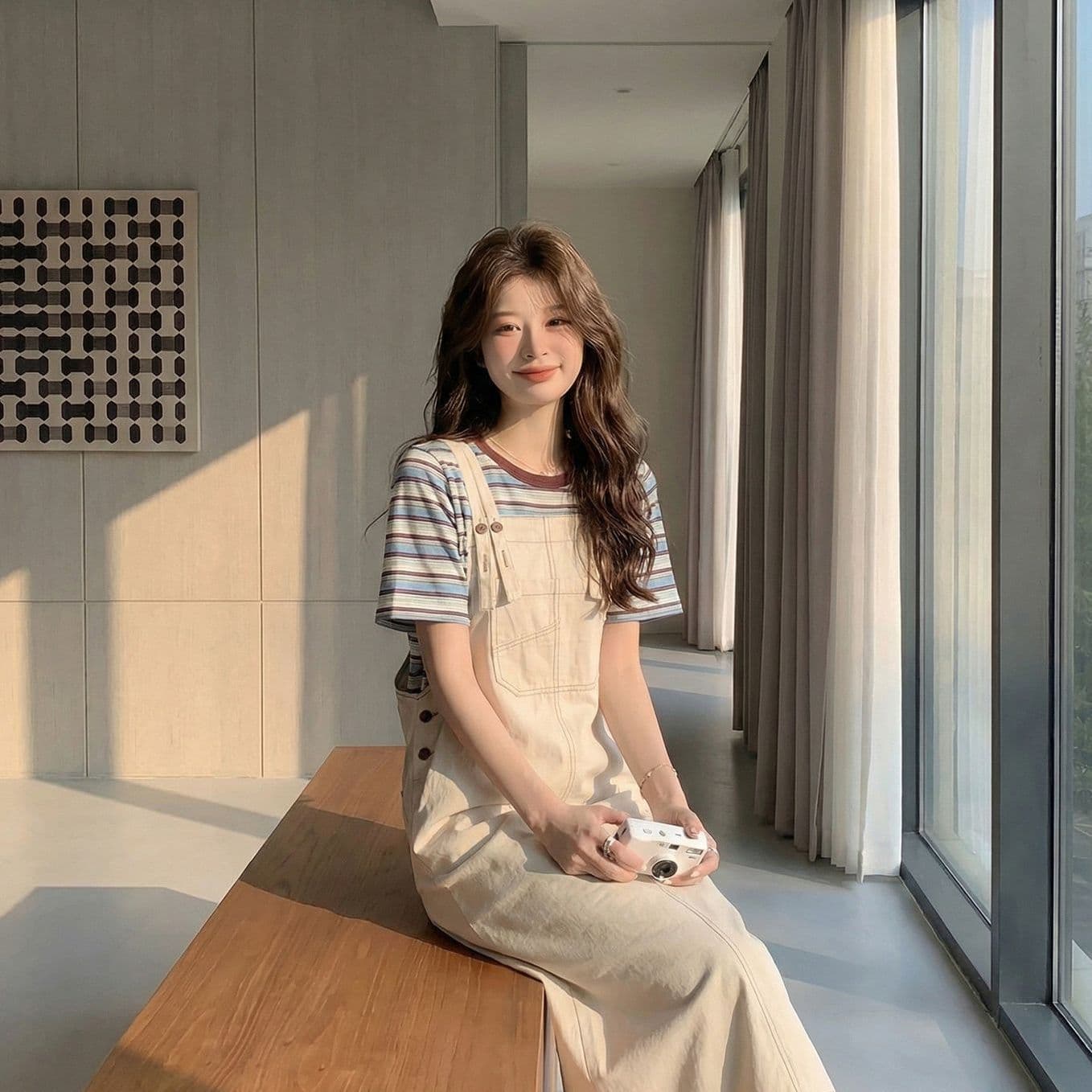 우유 부서 워크웨어 멜빵 치마 세트 여성 여름 2026 새로운 스트라이프 티셔츠 작은 키 외국 가스 연령 감소 투피스 세트 이미지 3