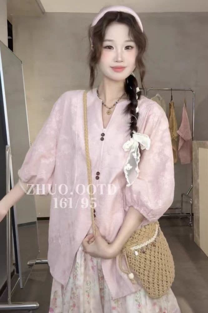 캐주얼 바람 느긋한 루즈핏 얇은 스타일 여성 셔츠 2026 여름 새로운 디자인 센스 작은 대중 트임 거품 소매 맨위 상세 이미지 4