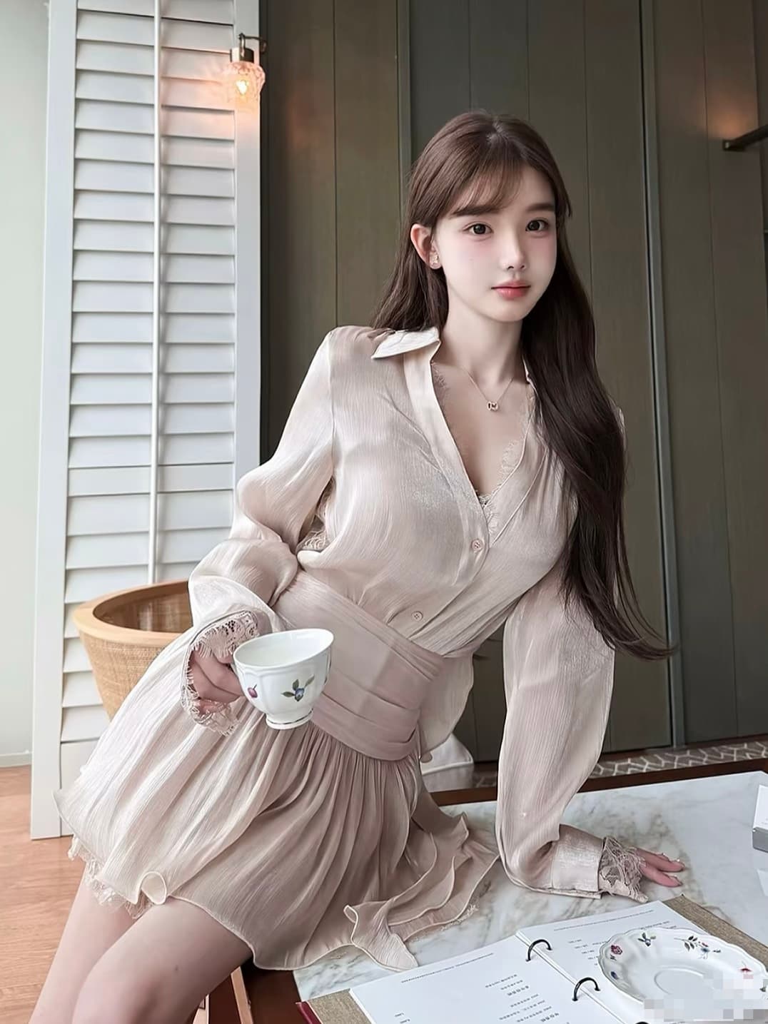 프랑스식 순수한 욕망 디자인 센스 품격 허리 수축 맨위 여성 여름 새로운 하이웨이스트 부드러운 바람 슬림해 보이는 미니 스커트 투피스 세트 상세 이미지 4