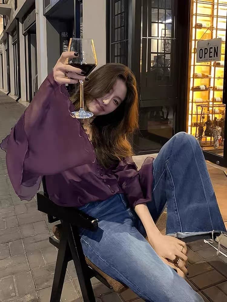 2026 여름 새로운 고유 한 디자인 센스 슬림해 보이는 셔츠 차 인사이드 차 가스 거품 소매 품격 보라색 맨위 여성 상세 이미지 1