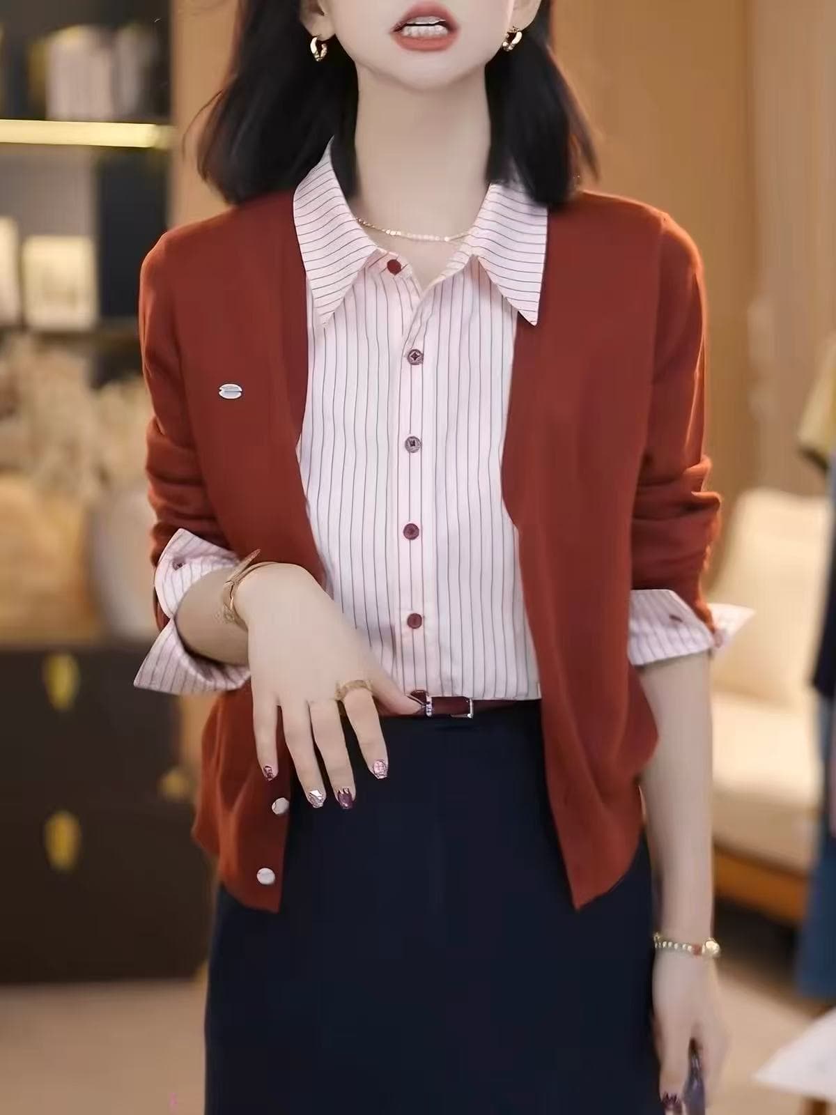 페이크 레이어드 스트라이프 니트 오픈 가디건 여성 봄 가을 겨울 2026 새로운 주황색 POLO 칼라 스웨터 연령 감소 긴팔 맨위 상세 이미지 2