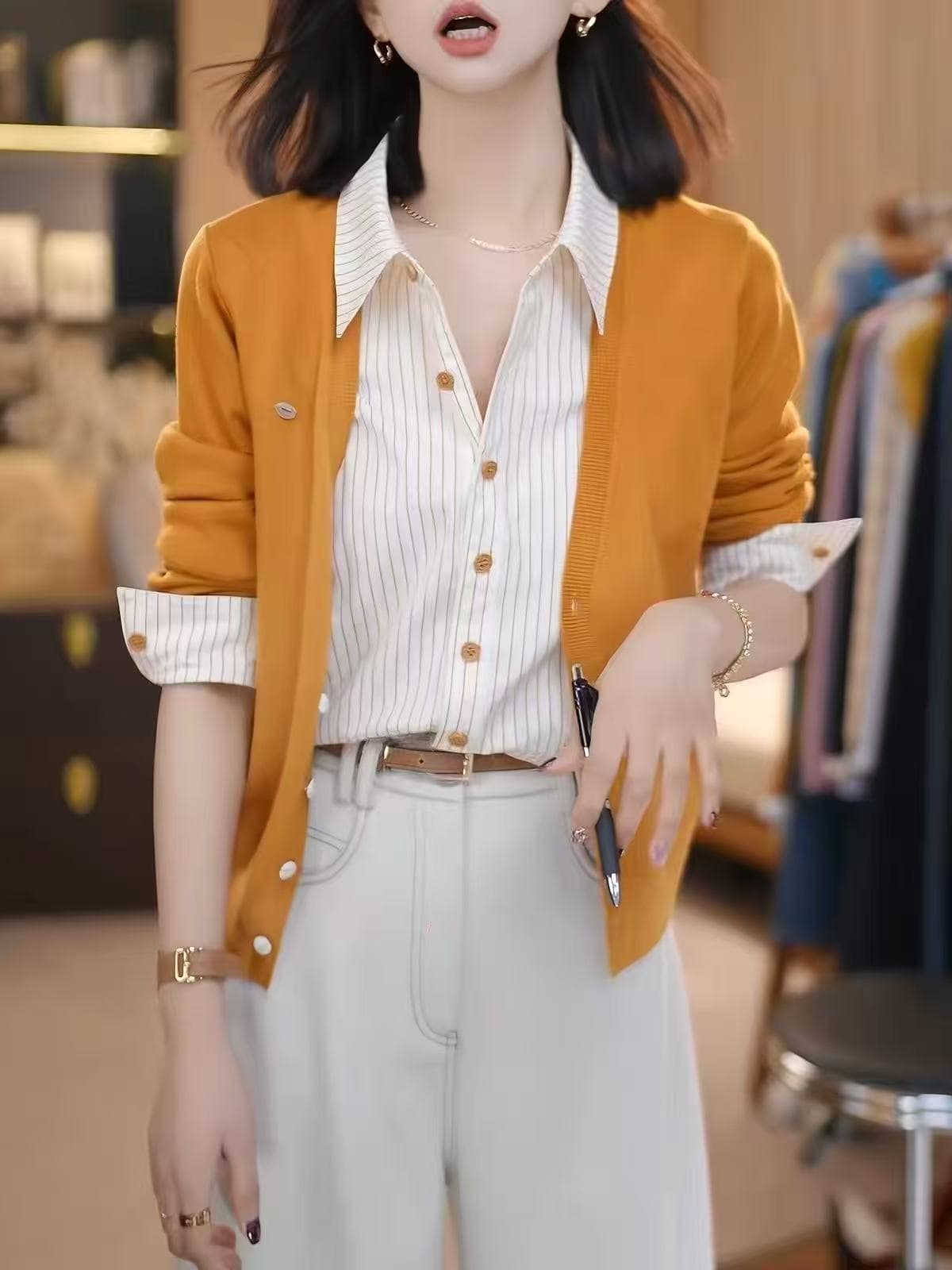 페이크 레이어드 스트라이프 니트 오픈 가디건 여성 봄 가을 겨울 2026 새로운 주황색 POLO 칼라 스웨터 연령 감소 긴팔 맨위 상세 이미지 3