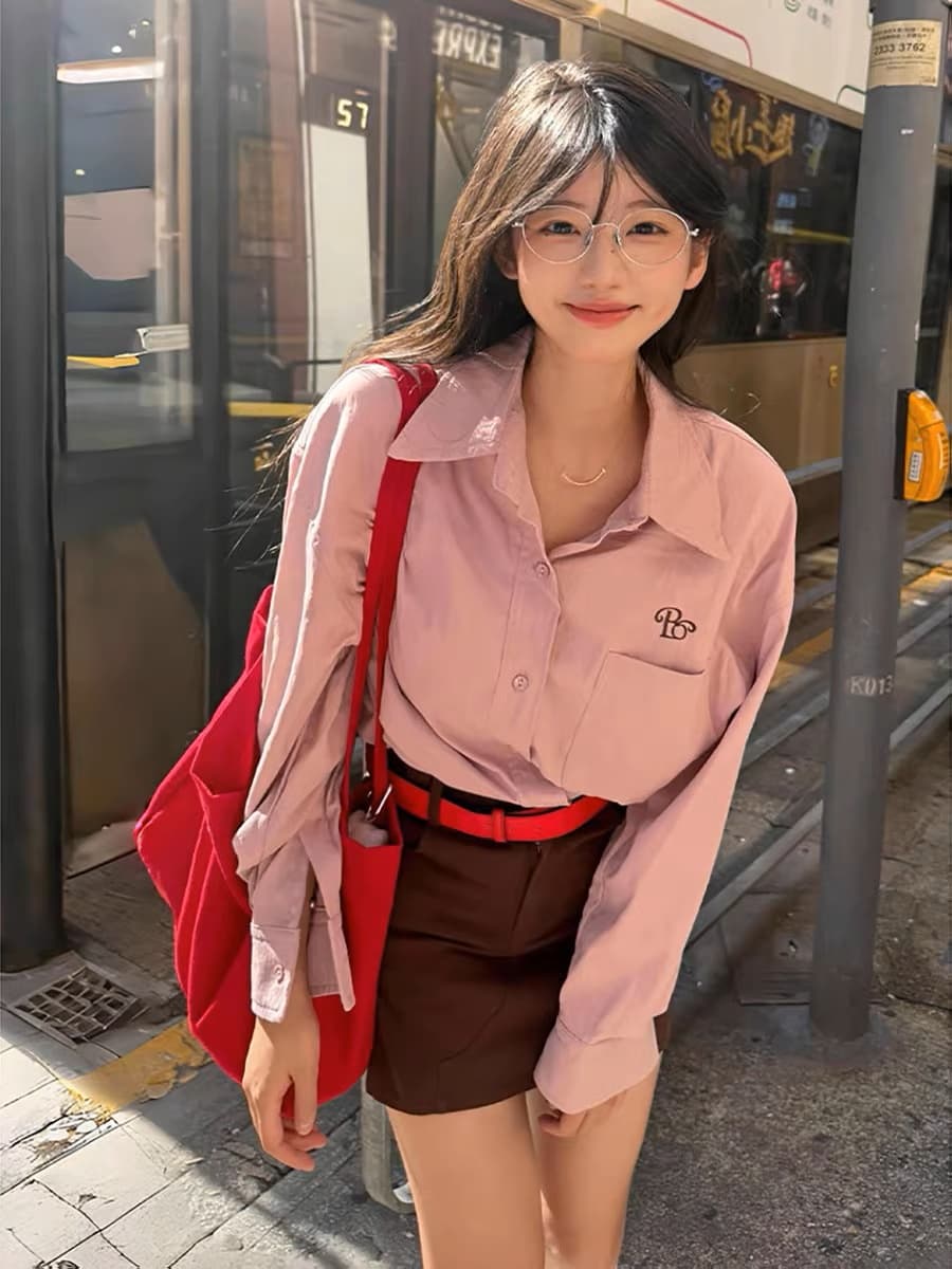 고급 센스 핑크색 셔츠 여성 코트 이른 가을 한 부서 착용 가져 가라. 알파벳 자수 긴팔 셔츠 루즈핏 캐주얼 맨위 이미지 4