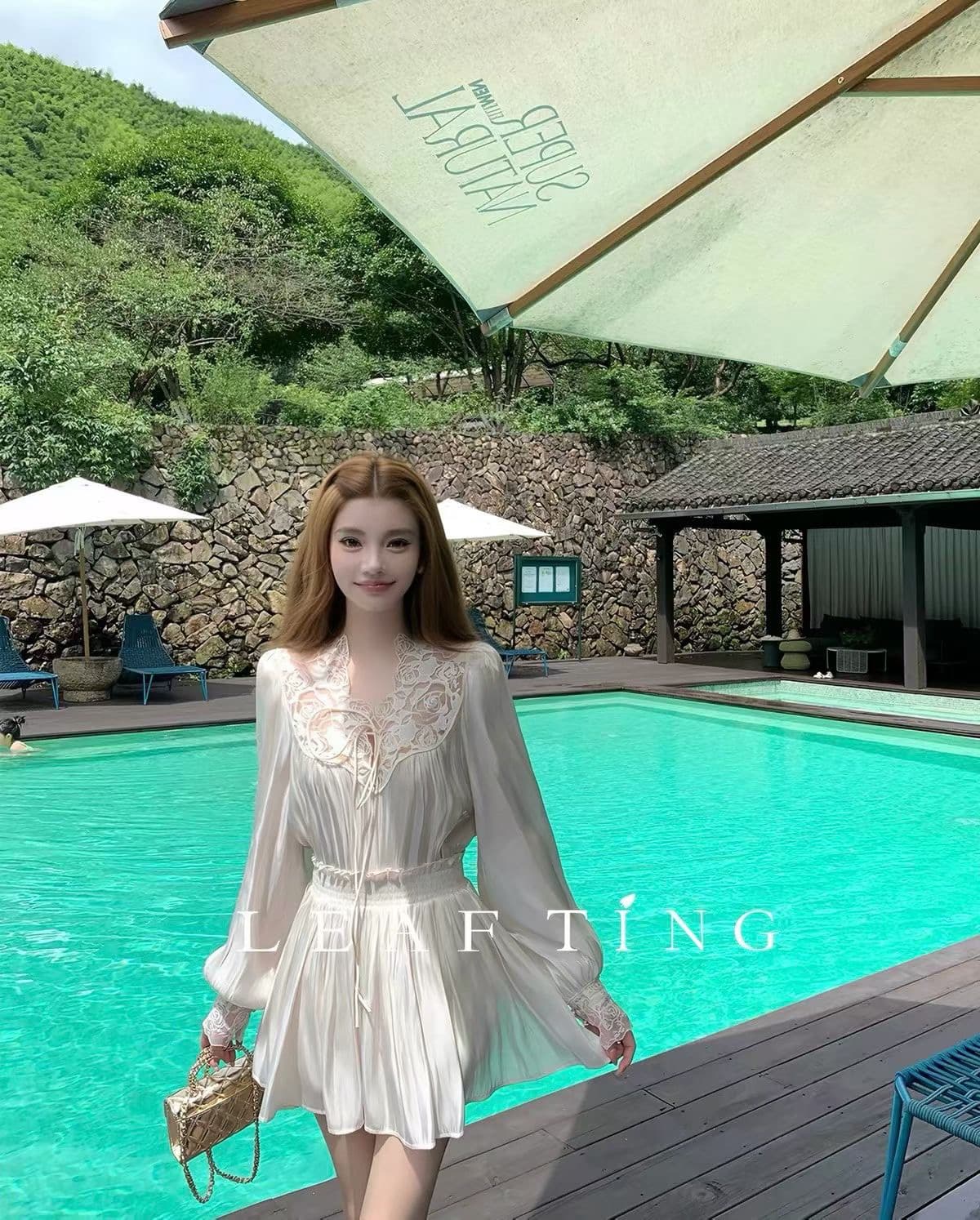 리프 작은 팅 향기로운 백주 깃발 구슬 빛 새틴 부드러운 반신 치마 세트 이미지 4