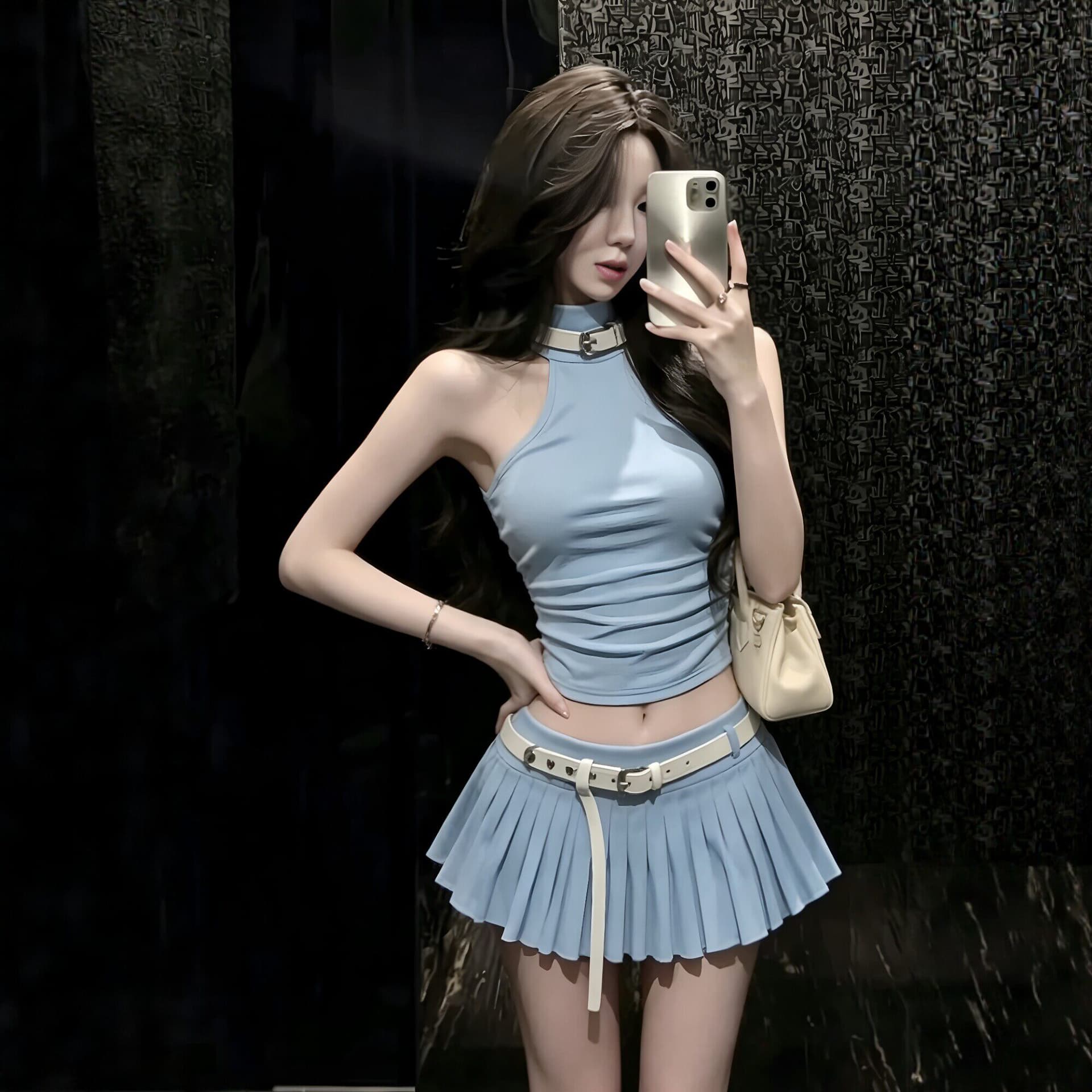 섹시함 행침 목 조끼 플리츠 반 스커트 파란색 두 조각 여성 세트 여름 새로운 순수한 욕망 핫걸 몸매 가꾸기 슬림해 보이는 세트 이미지 4