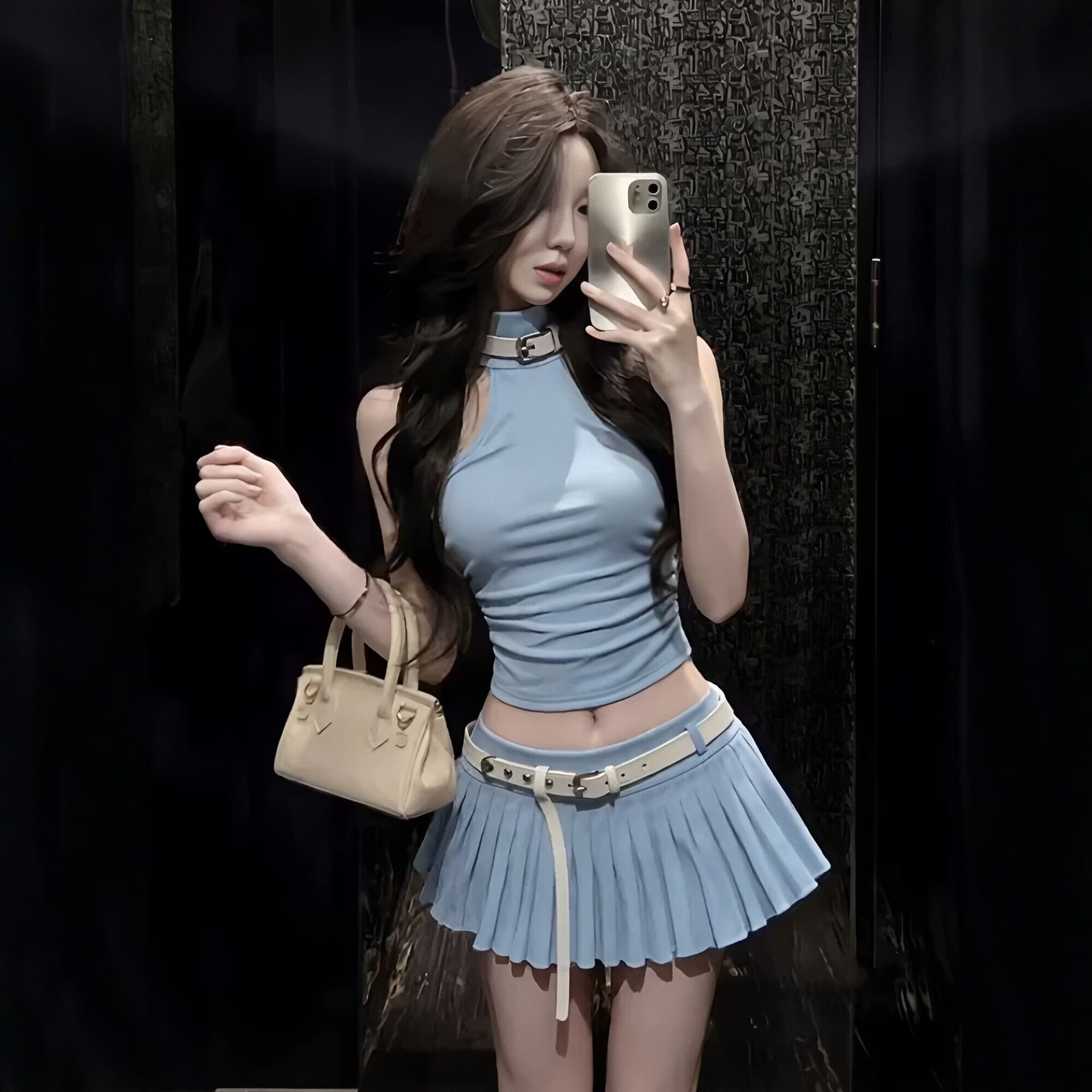 섹시함 행침 목 조끼 플리츠 반 스커트 파란색 두 조각 여성 세트 여름 새로운 순수한 욕망 핫걸 몸매 가꾸기 슬림해 보이는 세트 이미지 2