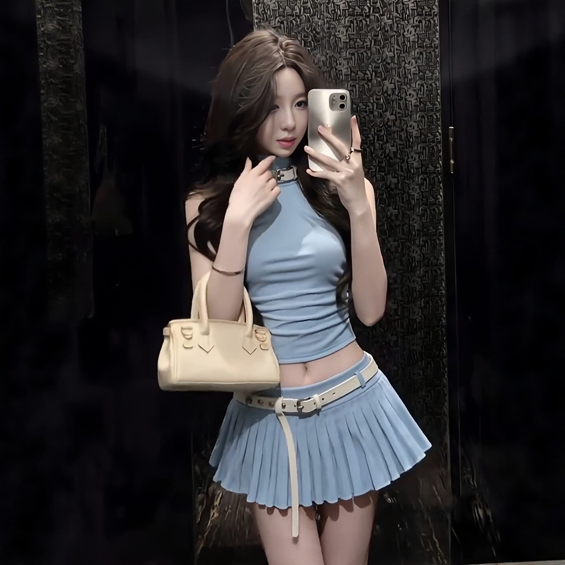 섹시함 행침 목 조끼 플리츠 반 스커트 파란색 두 조각 여성 세트 여름 새로운 순수한 욕망 핫걸 몸매 가꾸기 슬림해 보이는 세트 상세 이미지 2