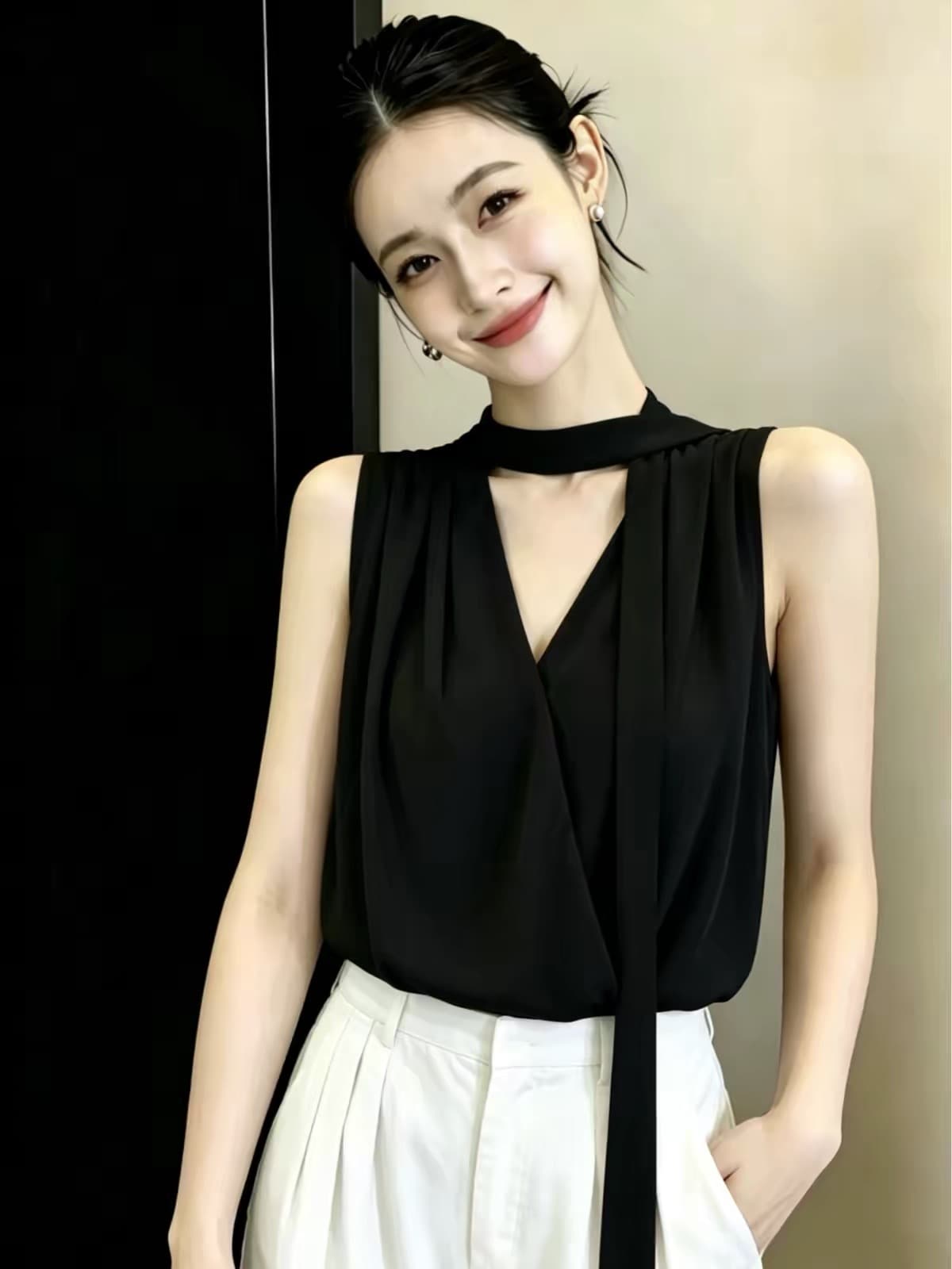 프랑스식 고급 센스 리본 V넥 민소매 시폰 셔츠 여성 여름 2026 새로운 Chic 슬림해 보이는 연령 감소 품격 맨위 이미지 3