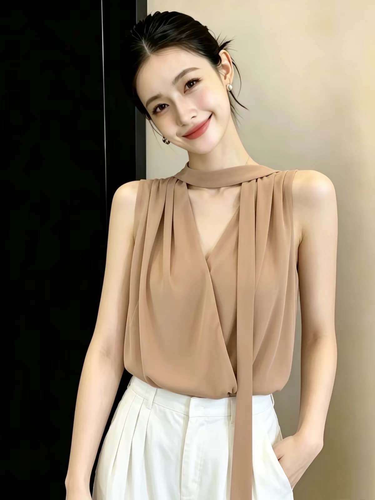프랑스식 고급 센스 리본 V넥 민소매 시폰 셔츠 여성 여름 2026 새로운 Chic 슬림해 보이는 연령 감소 품격 맨위 이미지 4