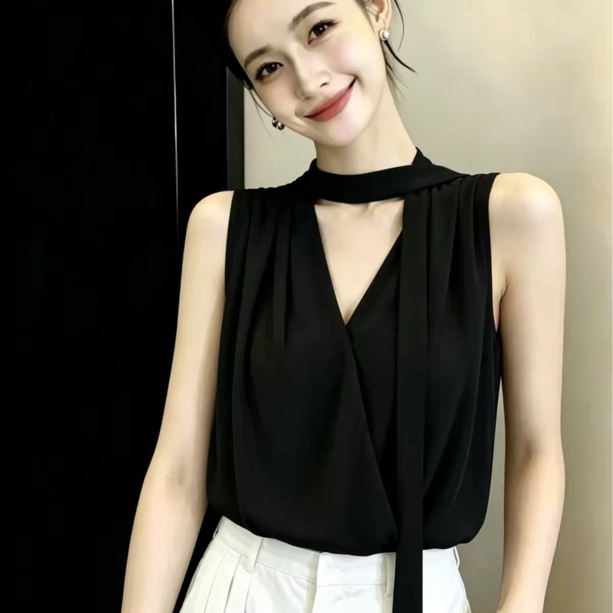 프랑스식 고급 센스 리본 V넥 민소매 시폰 셔츠 여성 여름 2026 새로운 Chic 슬림해 보이는 연령 감소 품격 맨위 이미지 5
