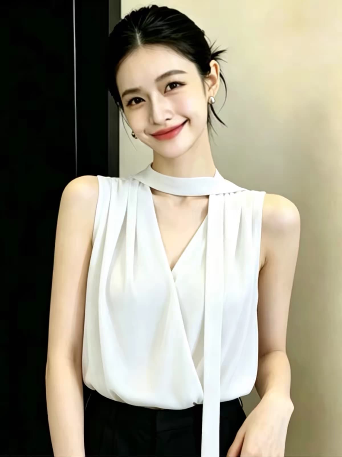 프랑스식 고급 센스 리본 V넥 민소매 시폰 셔츠 여성 여름 2026 새로운 Chic 슬림해 보이는 연령 감소 품격 맨위 상세 이미지 4