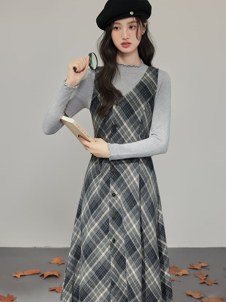 가을 겨울 학원 풍차 털 체크무늬 프랑스식 레트로 체크무늬 여성 드레스 허리 수축 슬림해 보이는 품격 a 단어 길이 치마 상세 이미지 1