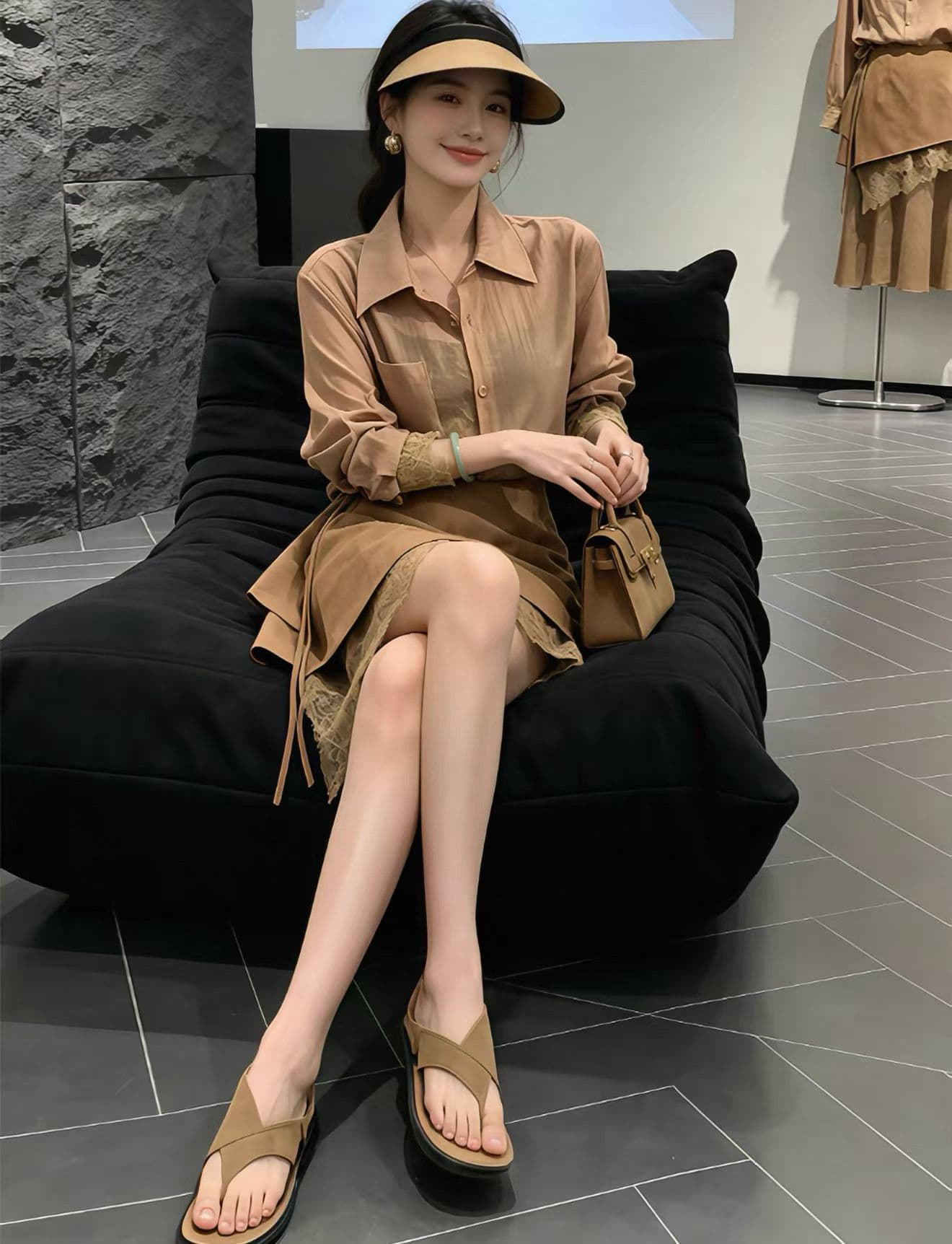 한 부서 폴로 칼라 긴팔 맨위 와이드 레그 팬츠 방귀 커튼 세트 2026 폭발 한 부서 출퇴근 바람 3종 세트 이미지 3