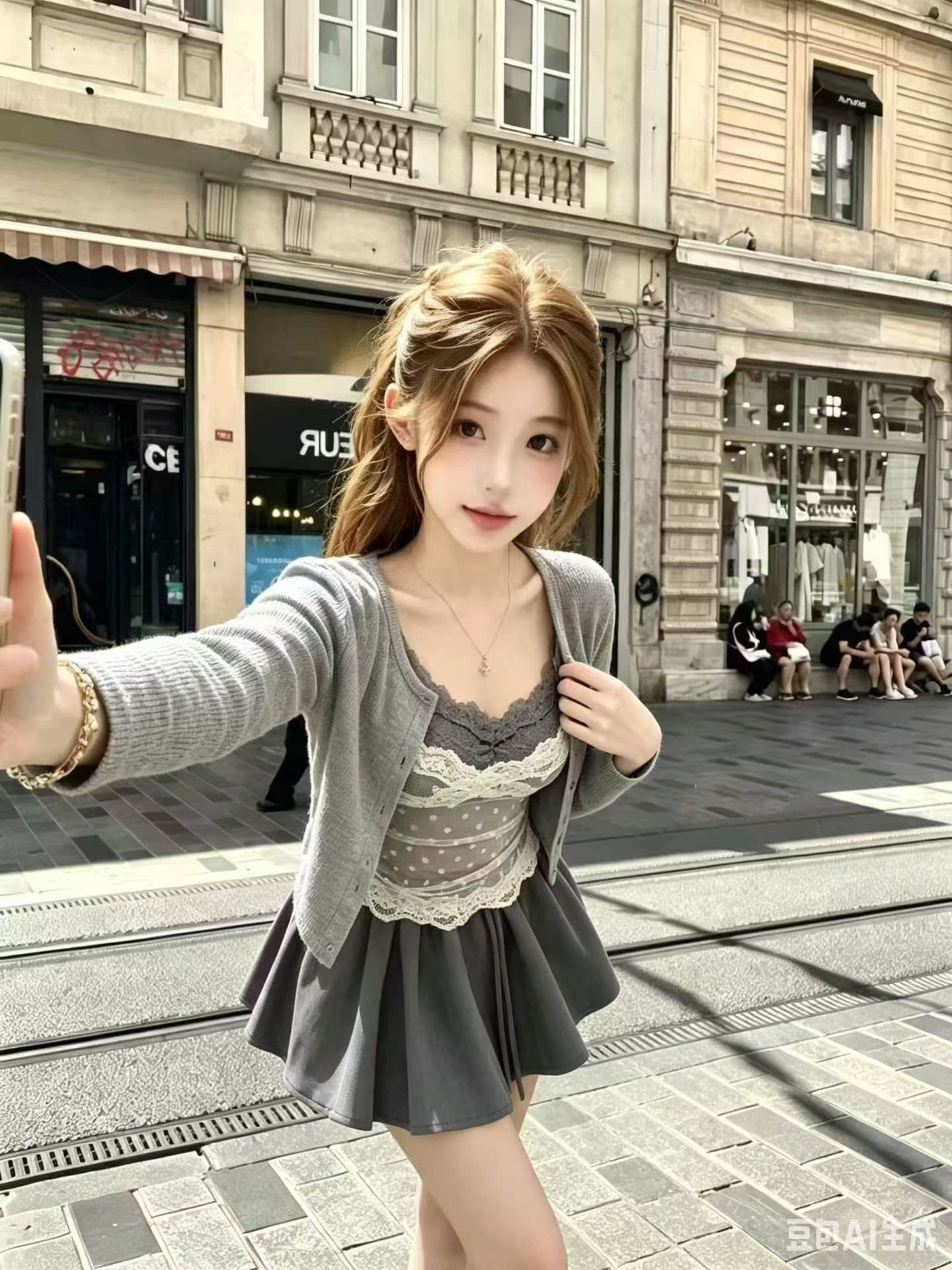 가을 의상 새로운 패션 캐주얼 품격 패치워크 레이스 만나는 오픈 가디건 반신 스커트 세 조각 세트 여성 이미지 2