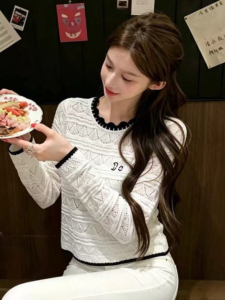 retroi studio 배색 레이스 칼라 메쉬 홀로우 아웃 기본 셔츠 얇은 스타일 통기성 허리 수축 슬림해 보이는 긴팔 티셔츠 이미지 3