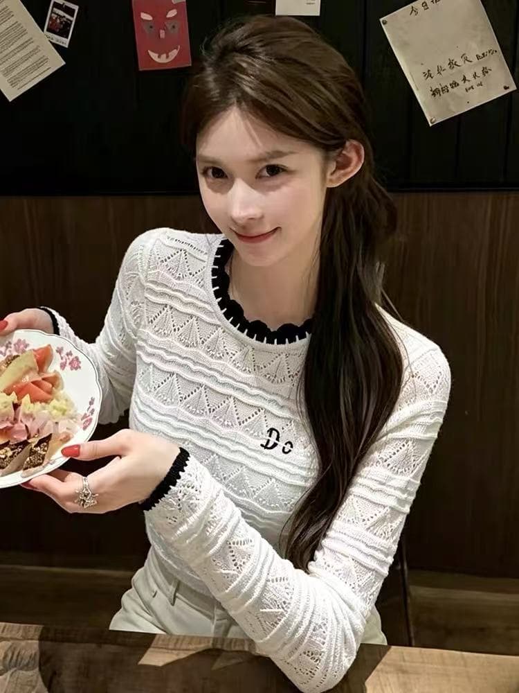 retroi studio 배색 레이스 칼라 메쉬 홀로우 아웃 기본 셔츠 얇은 스타일 통기성 허리 수축 슬림해 보이는 긴팔 티셔츠 상세 이미지 3