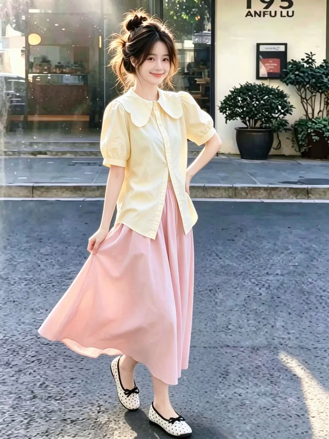 도파민 달콤한 스타일 우유 부서 착용 가져 가라. 여름 세트 작은 키 베이비 칼라 셔츠 맨위 반신 스커트 투피스 세트 상세 이미지 1