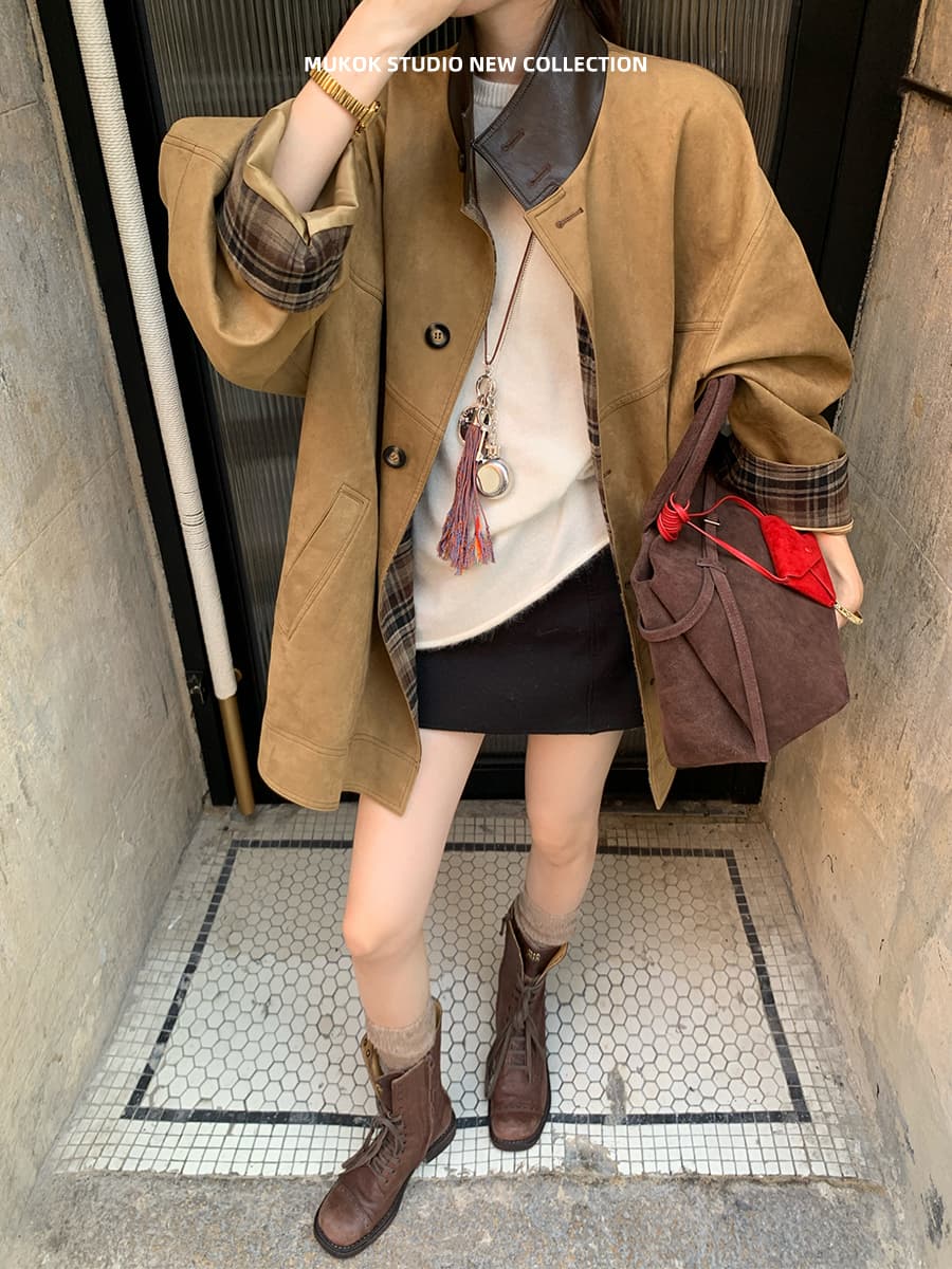 miu 부서 바 En 바람 커피 색상 스탠드 칼라 배색 체크무늬 사슴 캐시미어 분할 디자인 센스 재킷 여성 코트 가을 상세 이미지 2