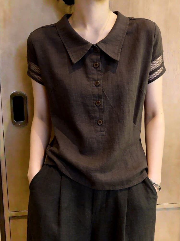 문예 바람 깊은 커피 폴로 칼라 망사 스티치 슬리브 셔츠 2026 여름 새로운 세련된 디자인 센스 반팔 맨위 여성 이미지 2