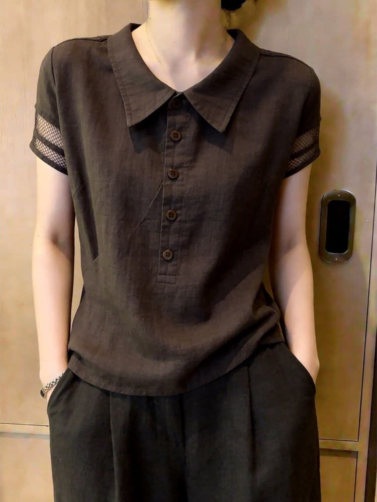 문예 바람 깊은 커피 폴로 칼라 망사 스티치 슬리브 셔츠 2026 여름 새로운 세련된 디자인 센스 반팔 맨위 여성 이미지 3