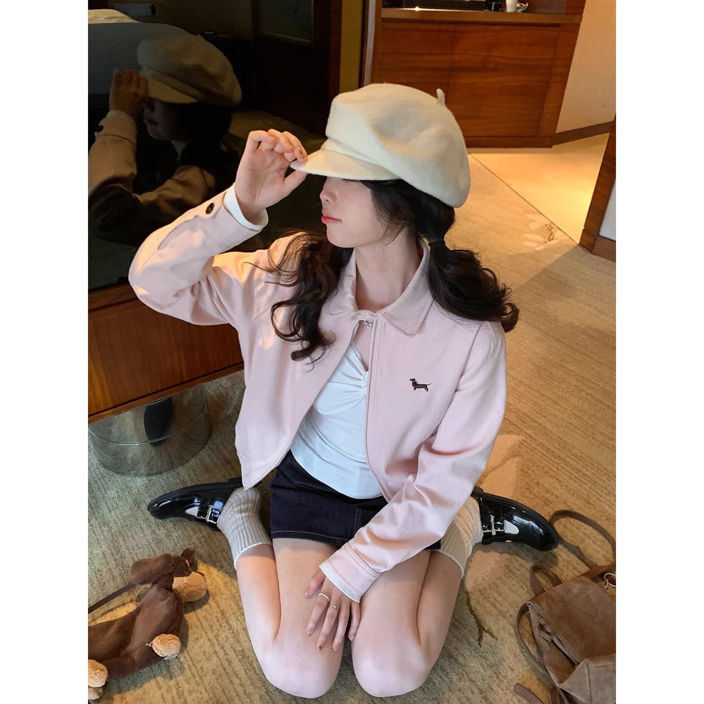 ptonumi 복숭아 음악 茜 꿈 핑크색 닥스 훈트 자수 재킷 여성 가을 한 부서 루즈핏 캐주얼 폴로 칼라 재킷 상세 이미지 2