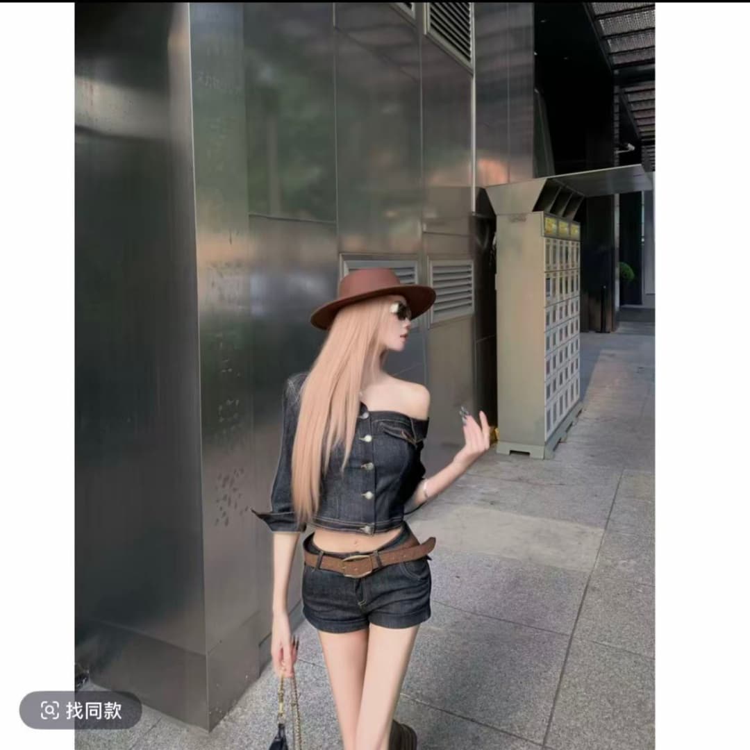 골드 버섯 작은 대중 핫걸 개성 비대칭 비스듬한 어깨 중간 소매 데님 셔츠 반바지 세트 이미지 2